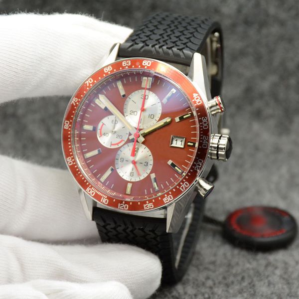 

t series outdoor quartz chronograph accurate mens watches watch 43.5mm orange dial with black rubber band, Slivery;brown