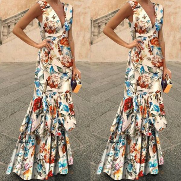 

Women Formal Sleeveless Ruffle V Neck Bodycon Long Dress Summer Party Gown Dress
