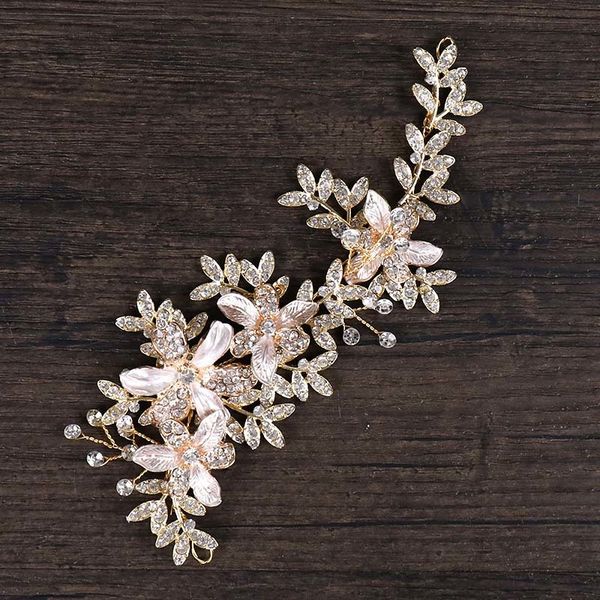 

romantic women wedding hair accessories rhinestone flower leaf barrettes headpiece floral headband bride hair ornaments bh, Golden;white