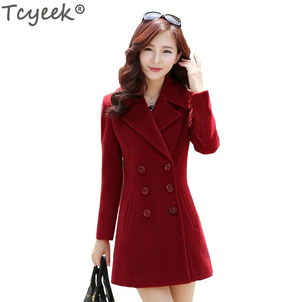 

tcyeek 2019 autumn winter jackets and coats women wool coat medium slim suit collar double breasted outcoat plus size yyj248, Black