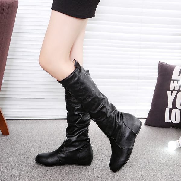 

women high boots winter boots women over the knee plus-size pleated high pu flat 300, Black