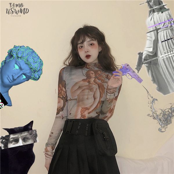 

new ulzzang personality chic fashion oil painting angel girl mesh casual fashion harajuku loose female t shirt, White