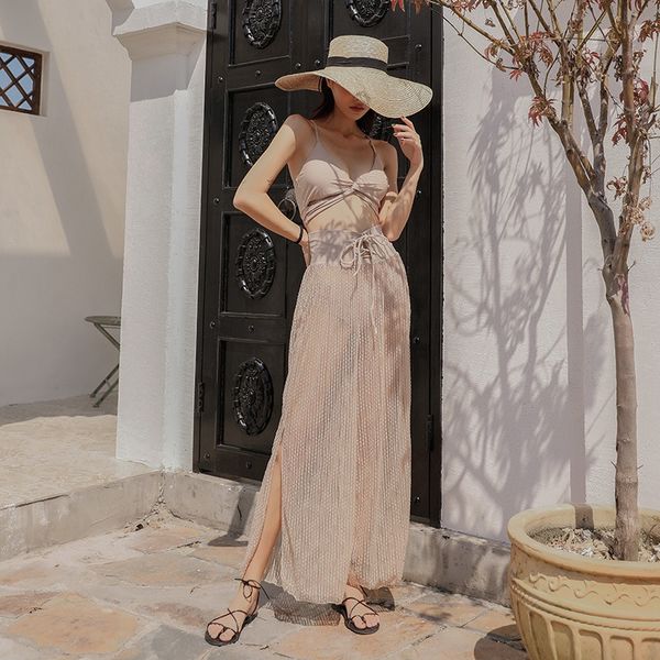 

seaside holiday split women's three-piece long skirt swimsuit slim belly-covering ins long dress leg-covering swimsuit, White;black