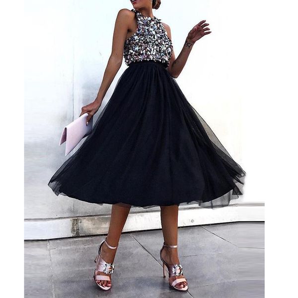 

women formal sleeveless round neck dresses ladies fashion evening party ball prom gown sequins dress, Black;pink
