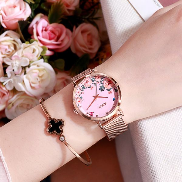 

luxury women flower watches fashion rose gold ladies steel mesh bracelet wristwatches female clock bayan kol saati, Slivery;brown