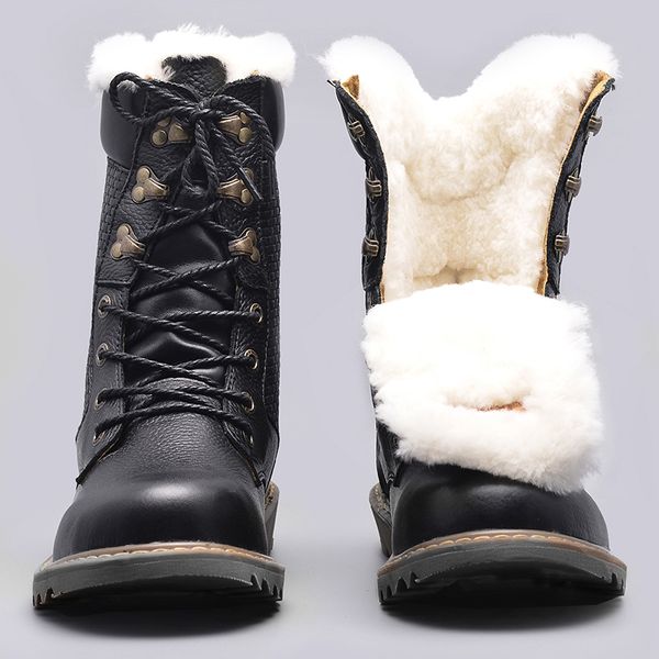 

natural wool winter shoes men warmest genuine leather handmade snow winter boots men #ym1568, Black