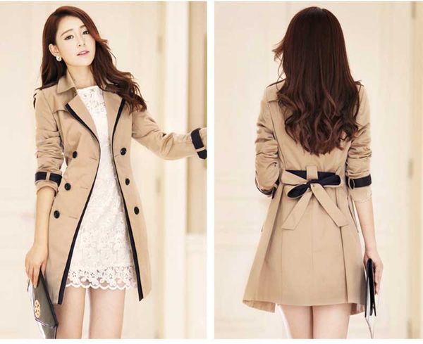 

2019 european and american ladies spring and autumn women coat color matching korean double-breasted trench coat tide coat, Black