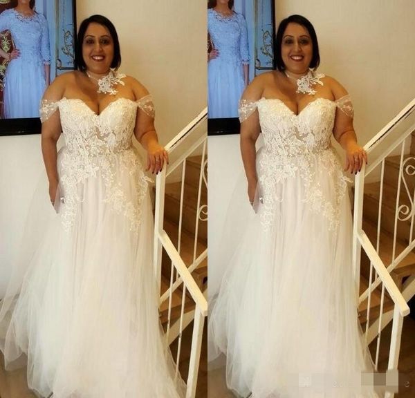 

2020 chic plus size a-line wedding dresses lace applique off the shoulder cap sleeves beaded pearls country wedding bridal gown, White