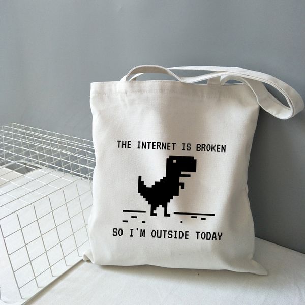 

internet is broken so i'm outside today dinosuar funny print canvas shoulder bag lady handbag reusable large capacity tote bags
