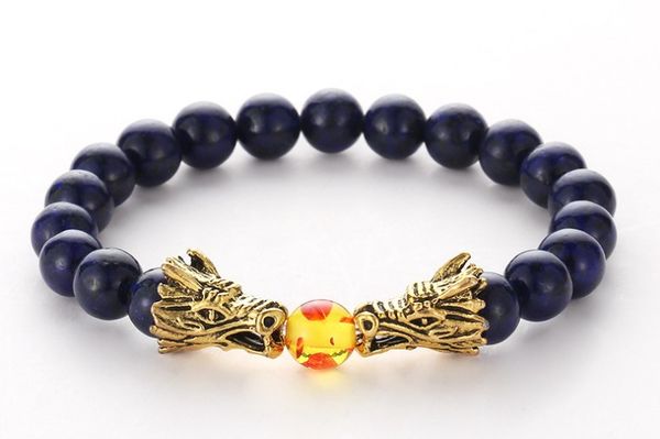 

8mm hrh2 bangles lapis lazuli bead double dragon buddha prayer yoga bracelet women men nature stone party jewelry, Golden;silver