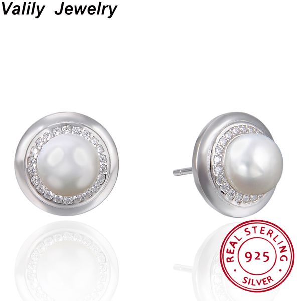 

valily real 925 sterling silver freshwater pear earrings fashion round wedding stud earrings for women clear crystal cz earring, Golden;silver