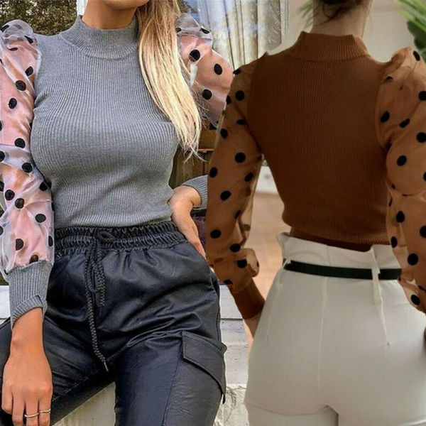

women's sheer mesh see-through blouse 2019 new fashion elegant slim polka dot puff long sleeve shirt turtleneck fall blouse, White