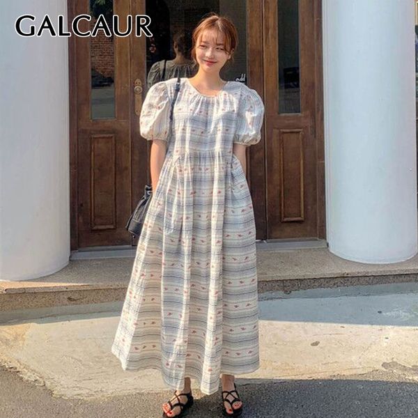

galcaur korean print hit color dress for women o neck puff short sleeve high waist oversize casual maxi dresses female 2020 new, Black;gray