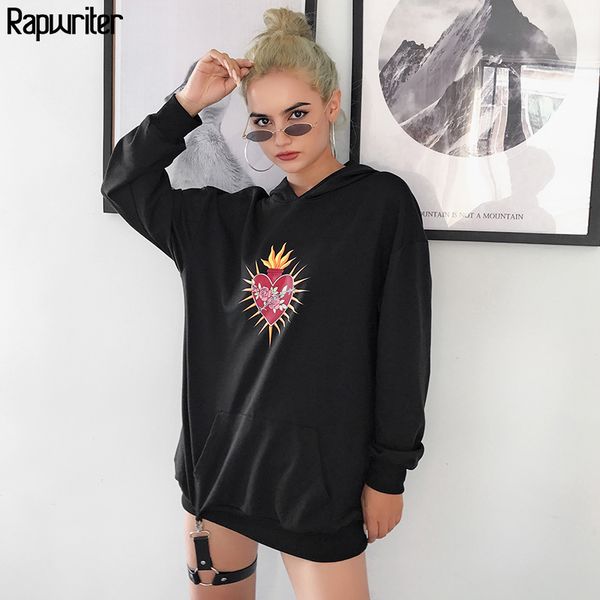 

rapwriter autumn harajuku printed oversized long hoodie women 2019 casual loose sweatshirt with leg ring long sleeve pullovers, Black