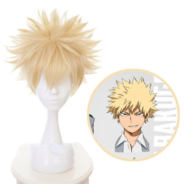 

anime my hero academia baku no hero bakugou katsuki bakugo short linen blonde heat resistant cosplay costume wig, Black