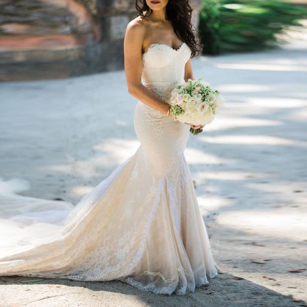 

Retro Full Lace Wedding Dresses Mermaid Sweetheart Elegant Long Bridal Gowns Layer Trains Tulle Custom Made