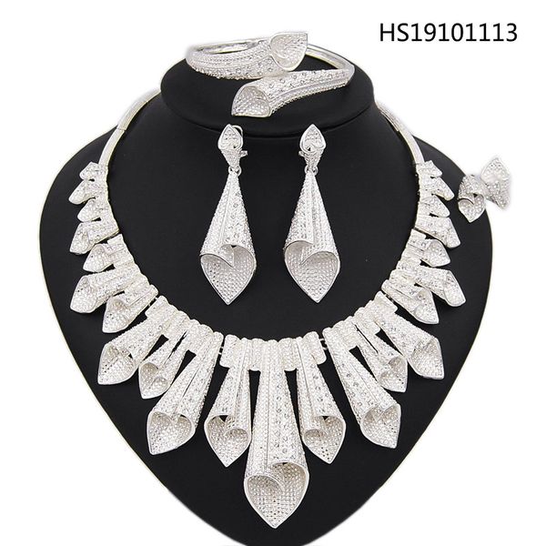 

yulaili new dubai jewelry sets for women zircon crystal necklace earrings bracelet ring nigeria wedding party bijoux wholesale, Silver