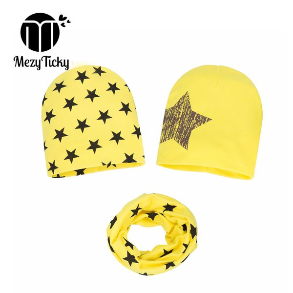

three-piece children hats scarf baby boys printed knitted caps spring autumn kids toddler star cotton papa mama caps 6m-36month, Yellow