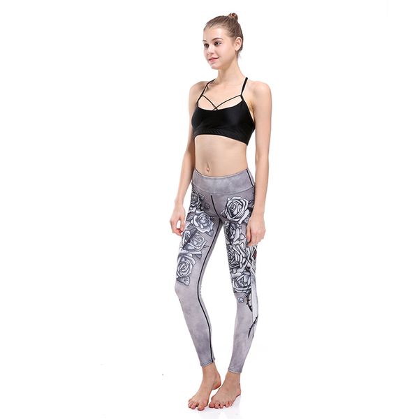 

tropical flowers slim hip-lifting exercise breathable super-elastic quick-drying nine-point lady pants, Black