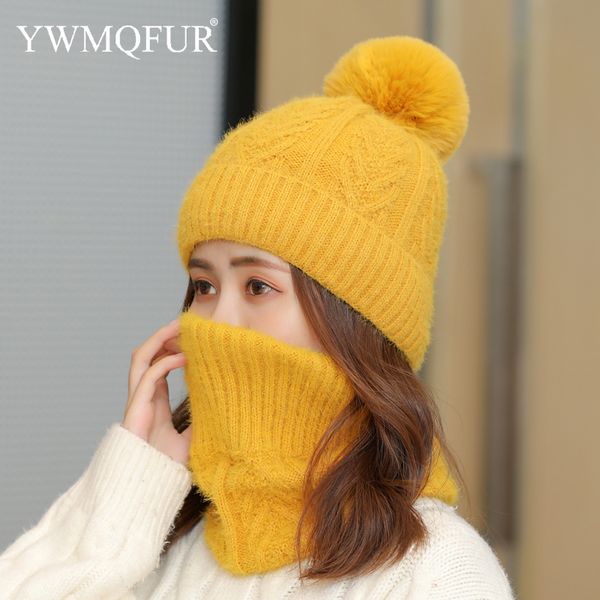 

winter imitation mink cashmere hat scarf sets solid female beanies caps with artificial fur pompom thick warm lady girl hats, Blue;gray