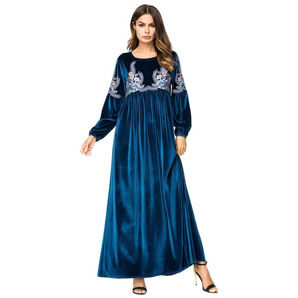 

187224 hand-embroidered kaftansvelvt long-sleeved dress muslim slim robes vestido de mujer musulmana robe musulmane de femmes dubai fashio, Red