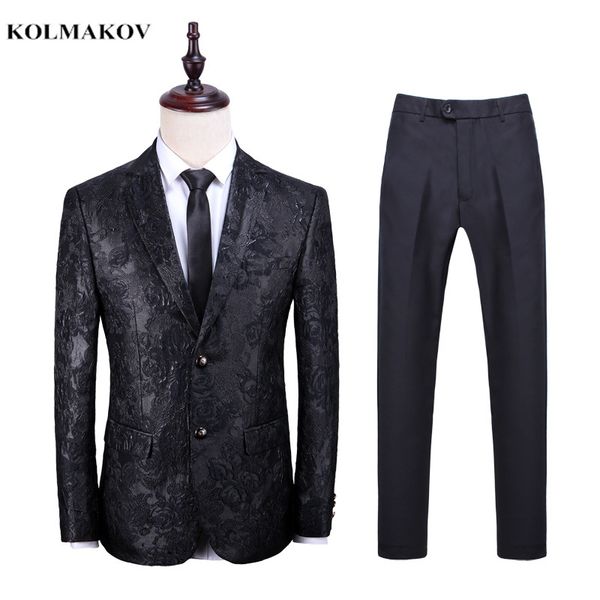 

jacket +pants) 2019 autumn new men fashion casual business suits men's printing embroidery suits wedding dress, White;black