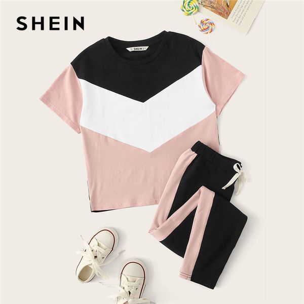 

shein kiddie girls colorblock t-shirt and drawstring waist pants set children 2019 summer active wear short sleeve suit sets, White