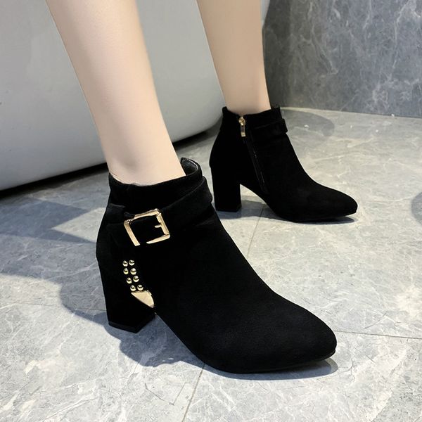 

women ankle boots winter suede high heels boots ladies fashion pointed toe buckle platform shoes for woman, Black