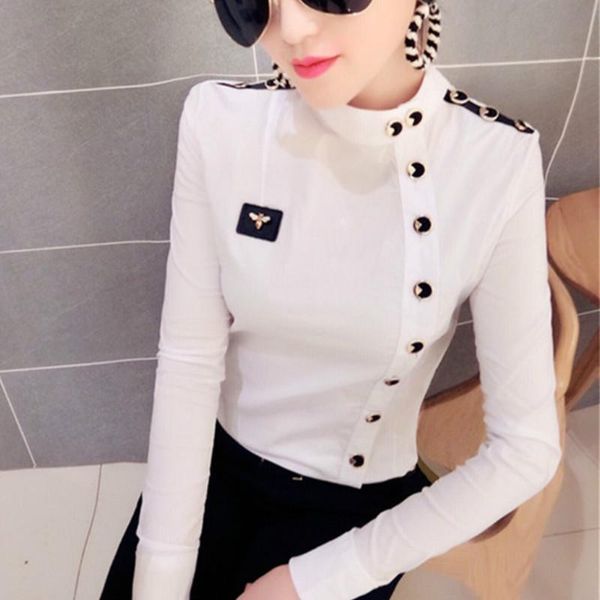 

fashion-2018 spring long sleeve stand collar shoulder mark cotton shirts women fashion button cotton blouses stretchy body, White