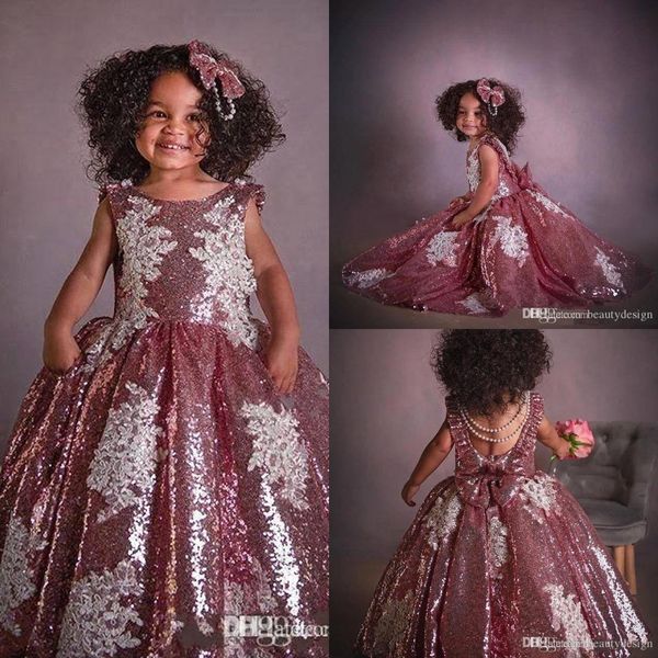 

new sparkly sequins flower girl dresses pink shinny ball gown bow sash floor length little girls pageant dress custom made bc1484, White;red