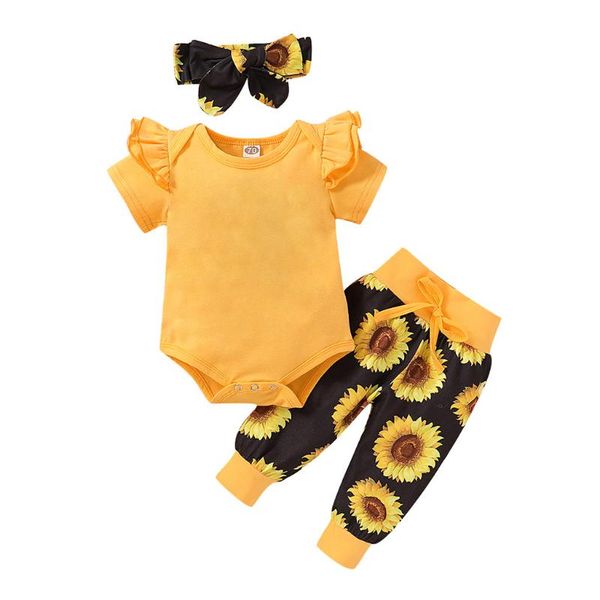 

baby sunflower outfits 3pcs infant girls solid short sleeve romper bodysuit+sunflower print pants headband clothing set for girl, White