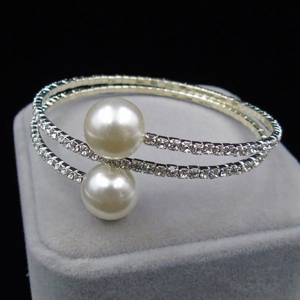 

cute women full rhinestone multi-layer wrap bracelet faux pearl cuff open bangle, Black