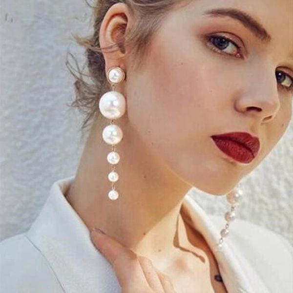 

epi elegant created big simulated pearl long earrings pearls string statement drop earrings for wedding party gift, Silver