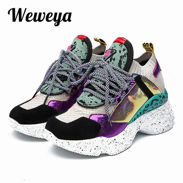 

leopard chunky sneakers bling sequin sock casual shoes women fashion high heel increasing height footwear platform dad shoe, Black