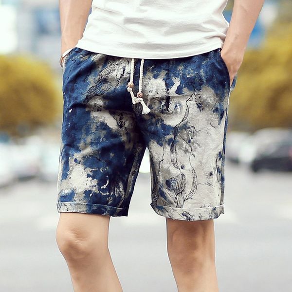 

2019 summer new men's fashion boutique fashion print linen cotton casual beach shorts / men's thin section casual beach shorts, White;black