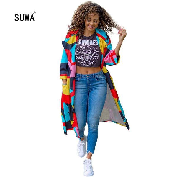 

new spring streetwear women trench recommend style femme colorful geometric patchwork turn-down collar pocket overcoat, Tan;black