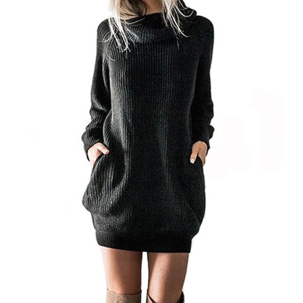 

осень knit теплое платье водолазку с длинным рукавом женщин мини свитера платья туники карманы пакет бедра платье зима трикотажные gv021, White;black