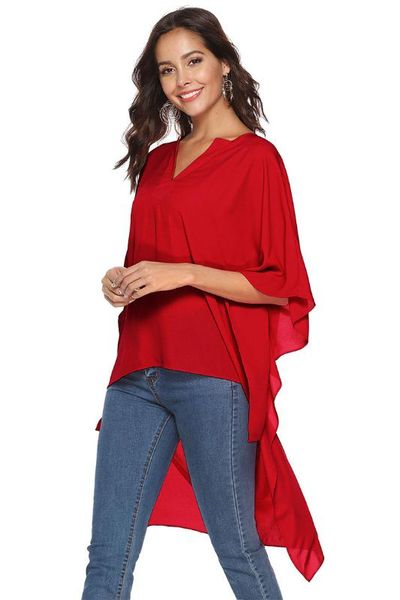 

fashion front short back long v-neck loose casual batwing sleeve solid chiffon shirt moda ropa mujer talla grande femme, White