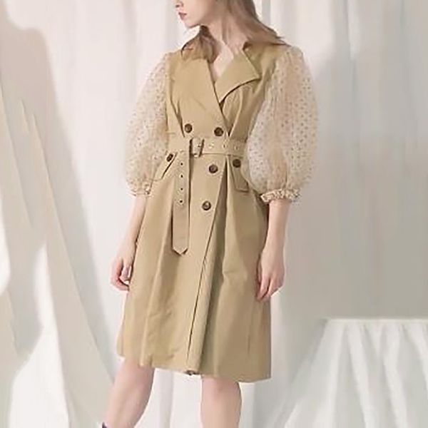 

yalee] new fashion 2019 spring summer button yarn sashes mesh splice lapel full sleevelong loose windbreaker women y049, Tan;black
