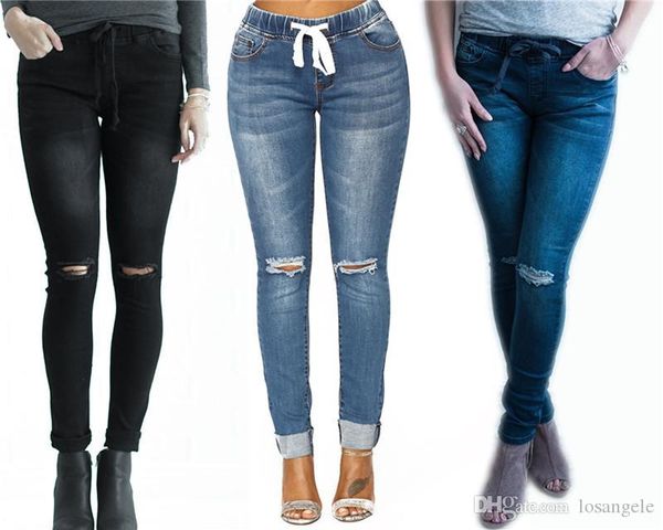 

desogner женские джинсы дырки мода карандаш брюки повседневные тощий высокой талией джинсовые брюки, Blue