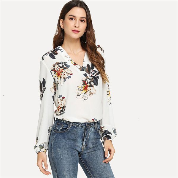 

woman womens blouses white elegant v neck floral print long sleeve workwear lady and polyester autumn women fashion clothes