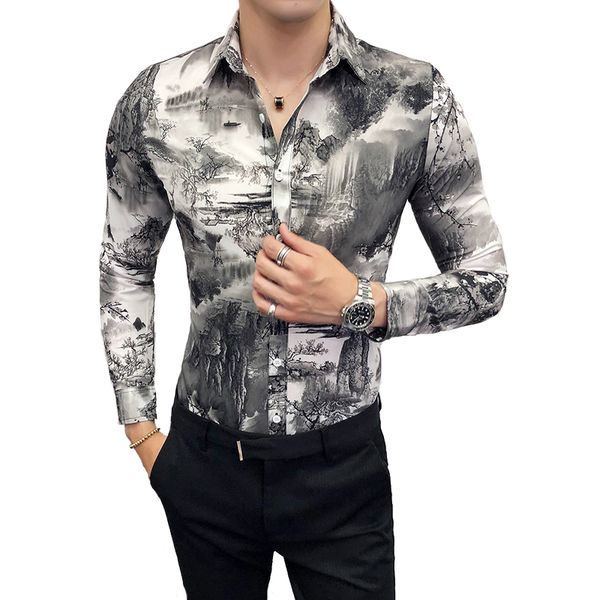 

autumn shirt man fashion 2018 landscape painting print new casual mens long sleeve slim fit night club party dress shirts, White;black