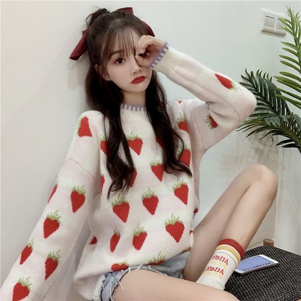 

winter new retro strawberry women cute loose thick sweater women, White;black
