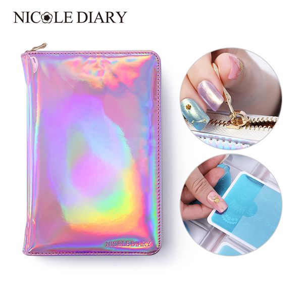 

nicole diary 72 slots holographic stamping plate case holder laser silver pink round rectangle nail art plate organizer 1 pc, White