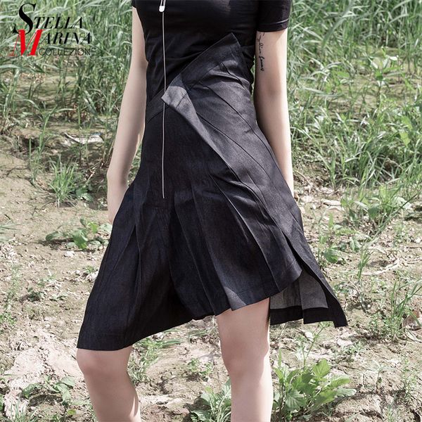 

2019 korean style women summer solid black asymmetrical skirt empire pleated elastic waist lady charming party wear skirts j041