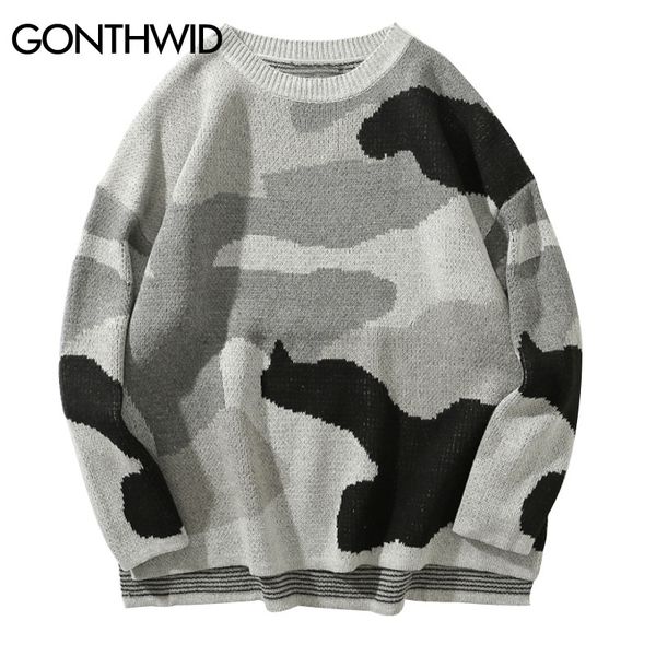 

gonthwid camo camouflage knitted pullover sweaters 2019 mens hip hop crewneck jumper sweater streetwear male casual gray, White;black