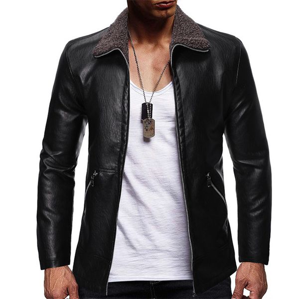 

плюс размер мужские дизайнерские модные кожаные куртки сплошной цвет лацкан шеи панк стиль куртка джентльмены одежда, Black