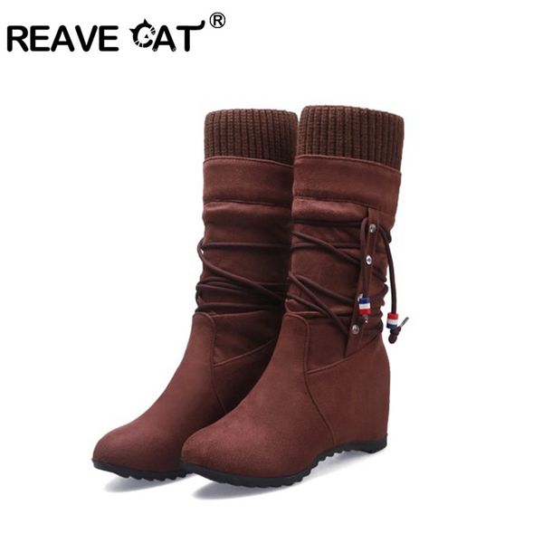 

reave cat winter's wedge shoes mid-claf boots fringe inner hidden heels kntting flock woman warm fur slip on bootie black us 8