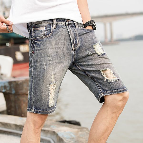 

summer new men's denim shorts men's ripped fashion retro jeans slim straight high-quality stretch ripped jeans 28-36, Blue