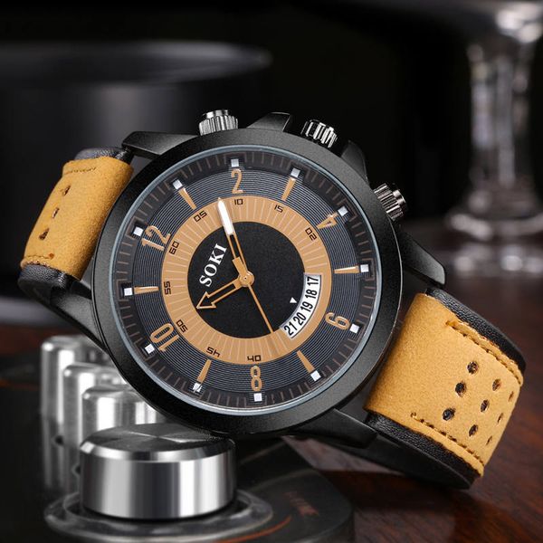 

soki men watch luxury fashion silica gel leather quartz analog watches men wrist watches day date relogios masculino, Slivery;brown